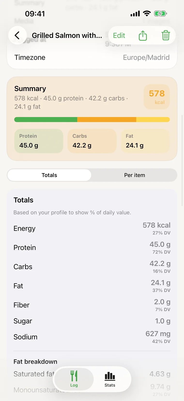 Meal summary with macros and % Daily Value.