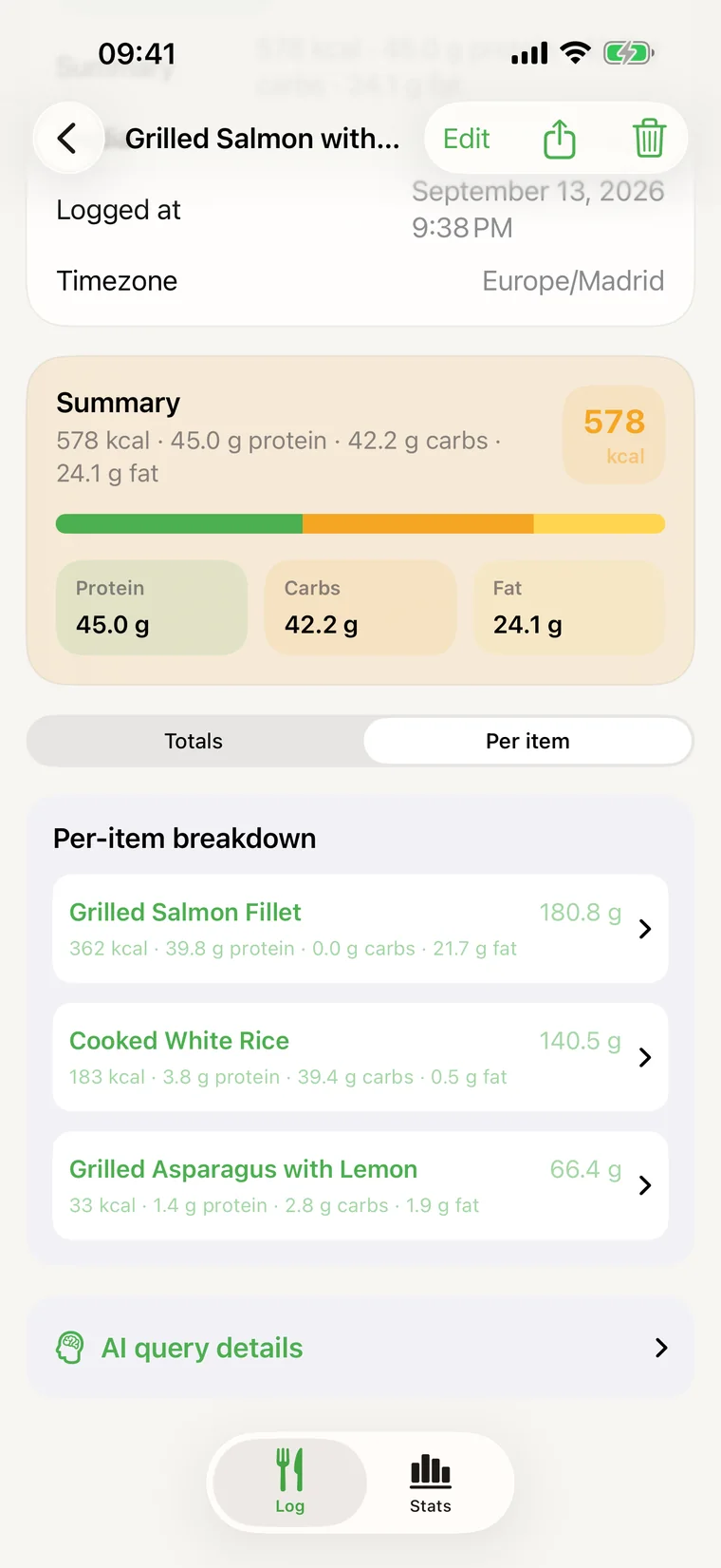 Per-item breakdown of a meal.