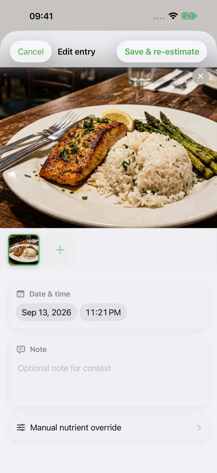 Editing a meal entry before re-estimating it.