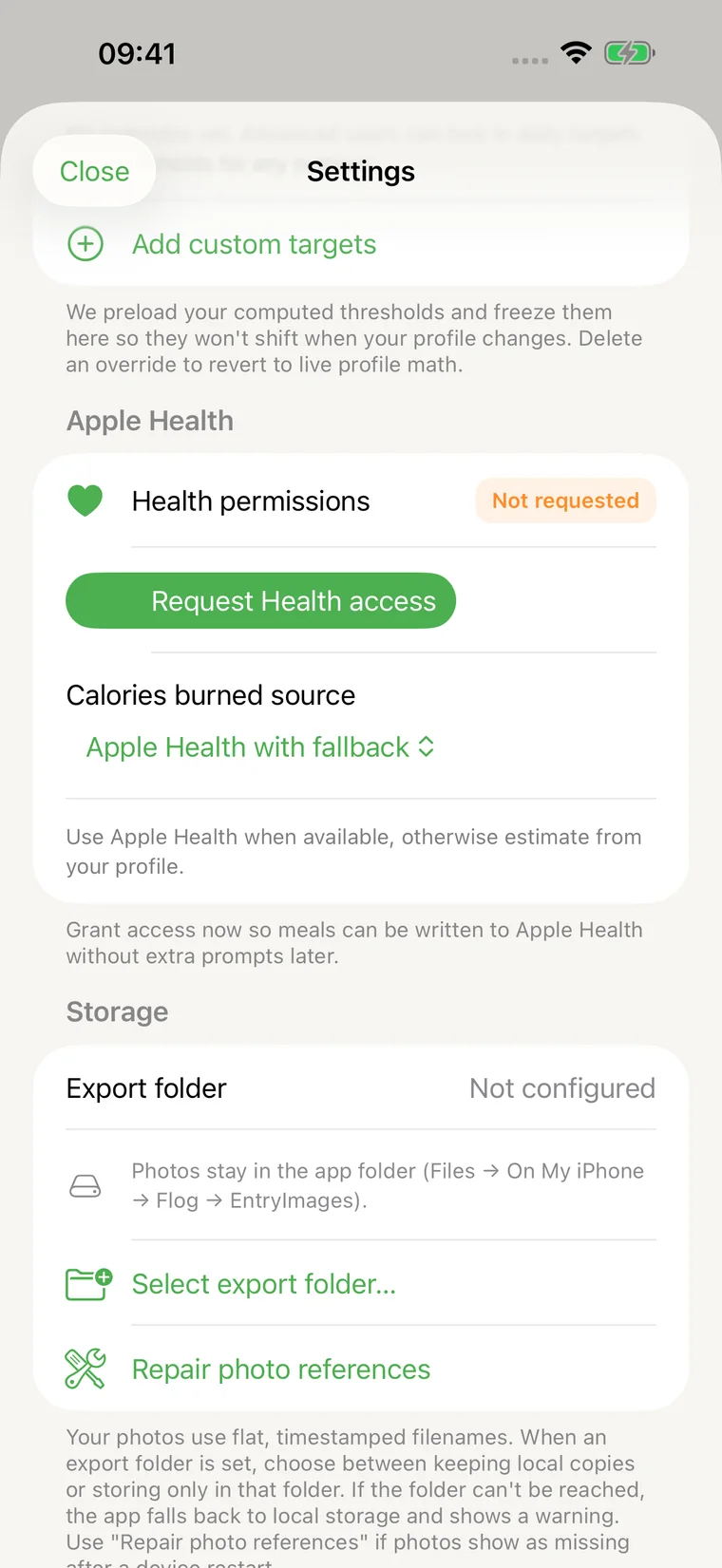 Apple Health settings in Flog.